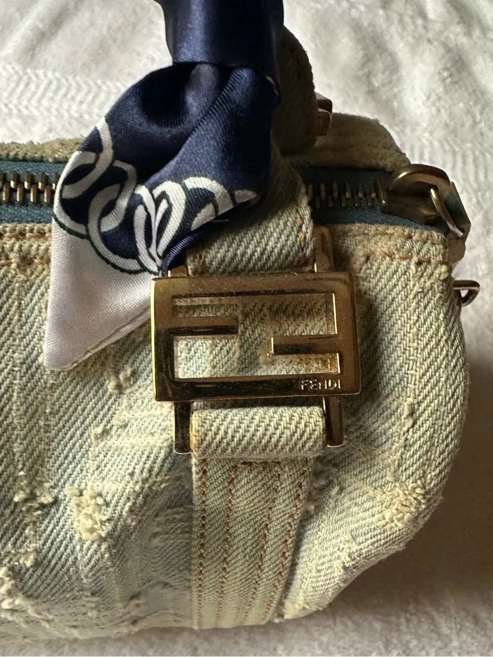 Fendi Vintage Denim Mini Boston Bag Distressed Zucca Y2K COA
